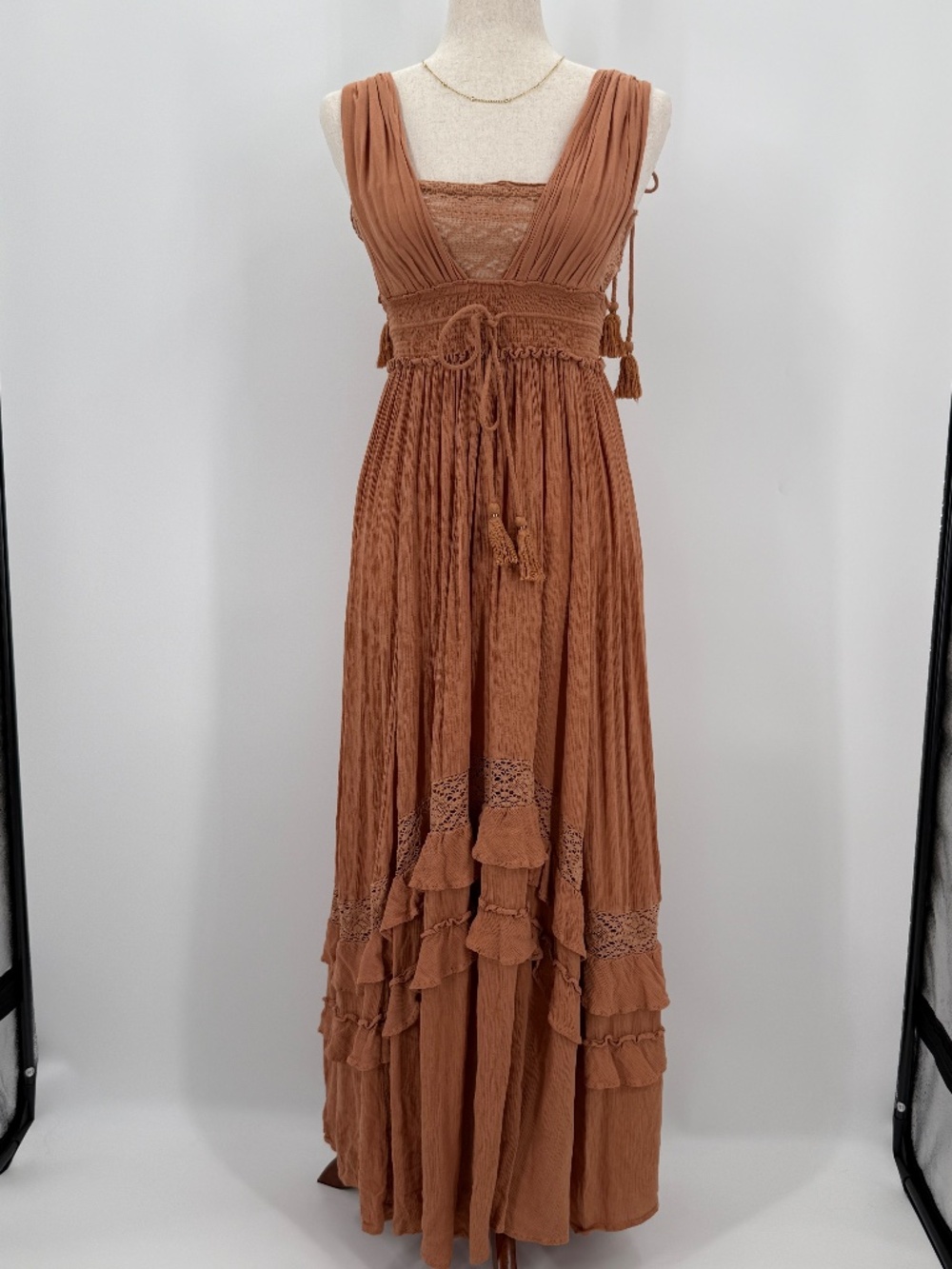 Free People Santa Maria Maxi Dress Terracotta Rust Orange Boho Cottage Ruffle XS - Picture 1 of 8